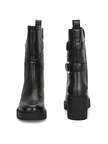 Delize Black Women calf high platform boots-66292-41