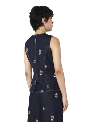 ONLY Women's Embroidered Regular Fit Blue Waistcoat