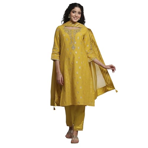 Biba Women Lime Cotton Blend Straight Yarndyed Suit Set_46