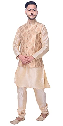 Om Shubh Mangalam Men's Wedding Jacquard Silk Golden Kurta Pajama Golden Jacket