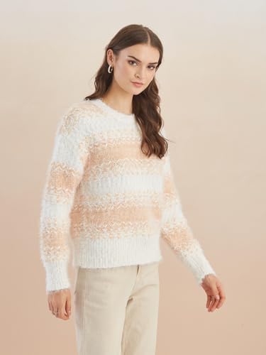 Latin Quarters Women's White Full Sleeves Round Neck Knitted Casual Regular Sweater_M