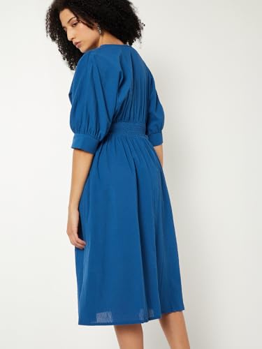 Max Women Textured A-line Midi Dress (Blue_L)