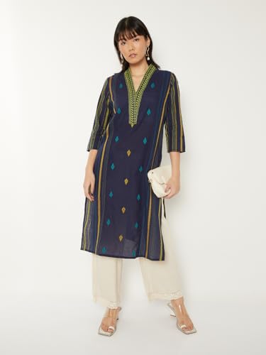 Max Women Embroidered Straight Kurta (Blue_XL)