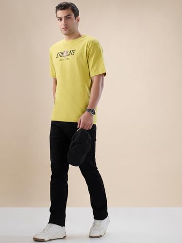 Status Quo Men's Oversized Round Neck Half Sleeves T-Shirt with Back Typography Print | 100% Cotton | Lime | S