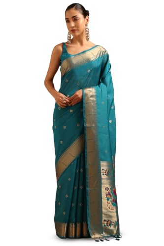 Soch Womens Teal Tussar Brocade Zari Woven Saree