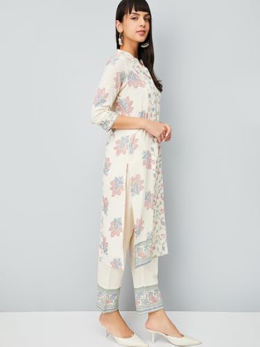 Max Women Floral Print Straight Kurta Set (Off White_M)