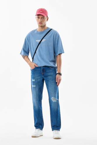 SNITCH Men Blue Casual Jeans | Relaxed Fit Heavy Distressed Design with Whiskered Effect | 100% Cotton Woven Fabric & Stone-Wash Finish for Street Wear