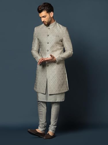 KISAH Men's Grey Indo-Western Kurta Sherwani Churidar Set (Set of 3), Cotton Full Sleaves, Knee Length, Straight, Regular Fit, Mandarin Collar Ethnicwear