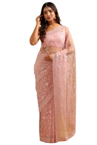 Soch Womens Pink Net Floral Embroidered Saree With Sequins