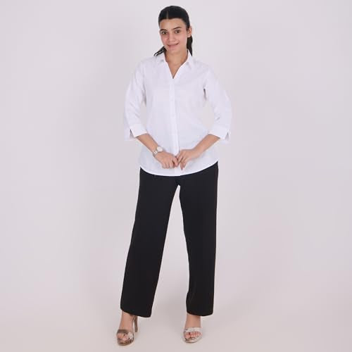 QUEEN SHIELD Women’s Linen Shirt with 3/4 Sleeves – V-Neck Button Down Casual Regualr Fit Top, Soft & Breathable Fabric White