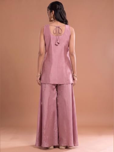 Varanga Women Pink A Line Kurta Palazzos Set V Neck Sleeveless Chinon