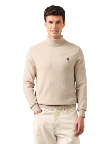 U.S. POLO ASSN. Men's Beige Solid Turtle Neck Long Sleeve Casual Acrylic Regular Fit Pullover Sweater USSWE2253Beige3XL
