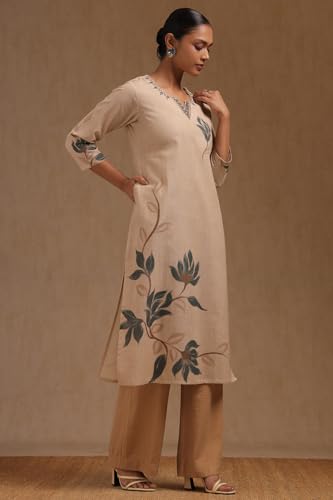 Soch Womens Beige Cotton Flex Floral Print Kurta with Mirror Work