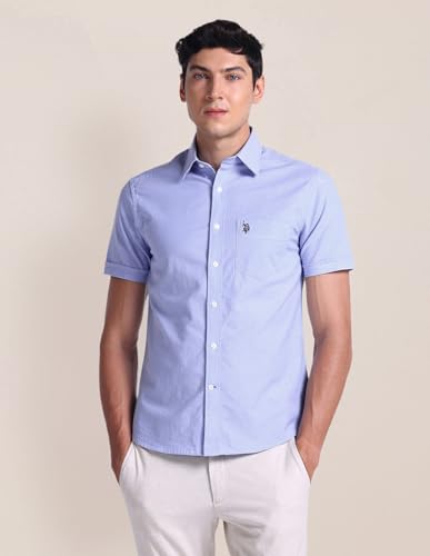 U.S. POLO ASSN. Mens Half Sleeve Oxford Stretch Shirts (USSHTC0011H_Blue_M)