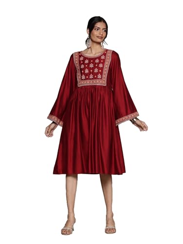 Aarke Ritu Kumar Round Neck Full Sleeve Solid with Embroidery Dress Red