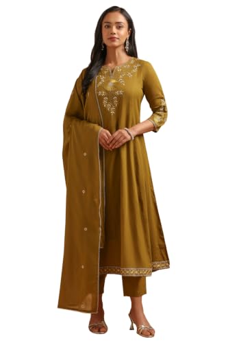 Soch Womens Olive Cotton Embroidered Botanical Thread Work Salwar Suit