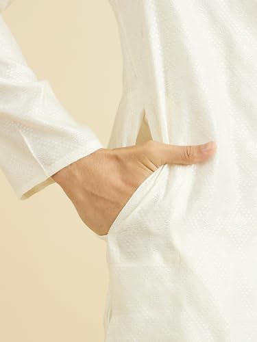 Manyavar Men's Viscose Blend Self Design Kurta Pyjama Set (Warm White,L)