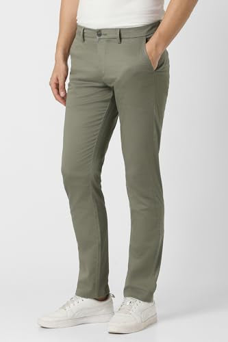 Men Olive Textured Slim Fit Casual Trousers