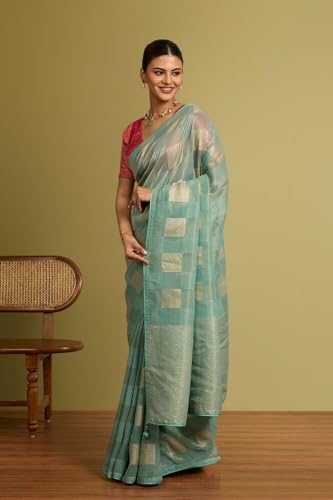 Taneira Women Light Blue Woven Viscose Tissue Saree with Unstitched Blouse Piece (SAPP10AC2548-Light Blue)