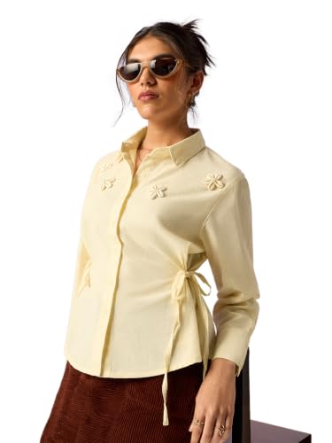 The Souled Store Seashell Women Full Length Spread Collar Off White Embroidered Cotton Linen Blend Regular Fit Breathable Side Tie-Up Lightweight Everyday Shirt for Casual Wear