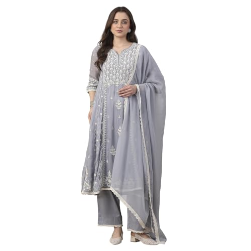 BIBA Solid Viscose Kalidar Festive Kurta With Palazzo and Dupatta