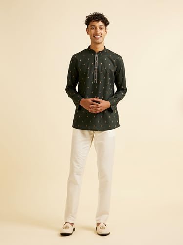 Manyavar Men's Cotton Printed Short Kurta (Green,L)