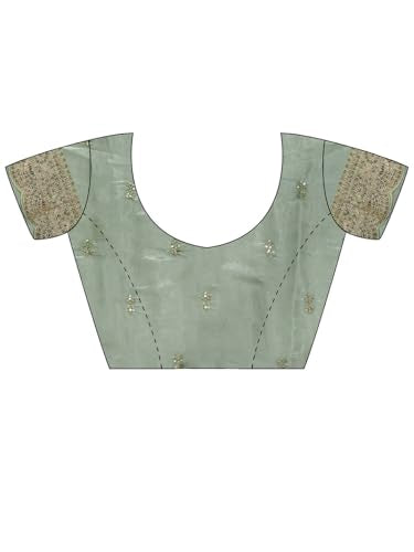 AKHILAM Women's Sea Green Organza Embellished Saree With Unstitched Blouse Piece (BITTI651_JR)
