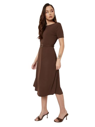 Max Women Textured A-line Belted Dress (Brown_XXL)