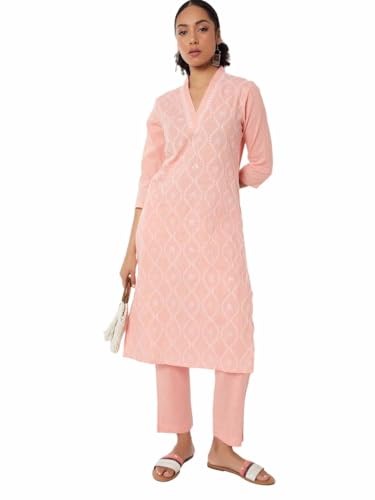 Max Women Embroidered Straight Kurta Set (Pink_L)