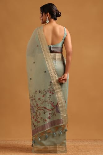 Soch Womens Powder Blue Tissue Botanical Woven Bird Motifs Saree