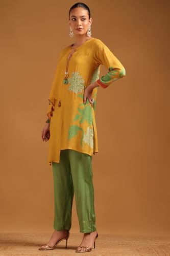Soch Womens Mustard Muslin Botanical Co-ord Set With Hand Embroidery and Cutdana Details