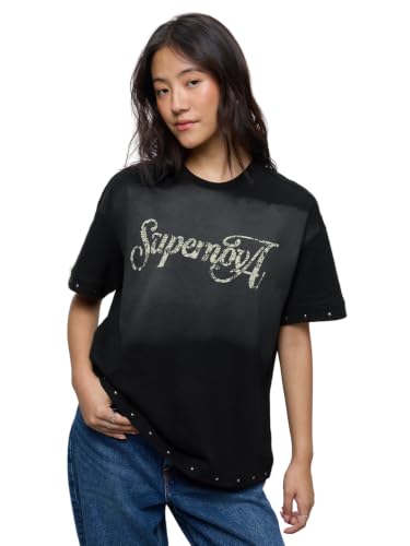The Souled Store Oversized T-Shirt: Supernova Women and Girls Short Sleeves Round Neck Black Graphic Printed Cotton Oversized Fit Breathable Everyday Streetwear T-Shirts