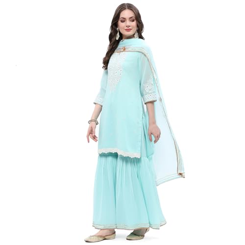 Rangriti Women Polyester Embroidred Straight Suit Set(FESTIVE19114_Blue_S)