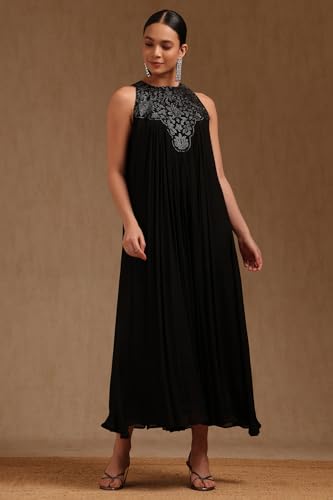 Soch Women's Chinon Calf Length Dress (BDS-FWA5KU61569_Black