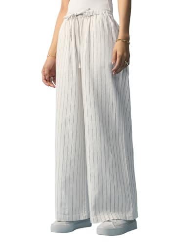 The Souled Store Cotton Linen Pant: Soleil Women and Girls Drawstring Waist Off-White Pinstriped Cotton Linen Blend Wide Leg Breathable Lightweight All-Season Casual Pants