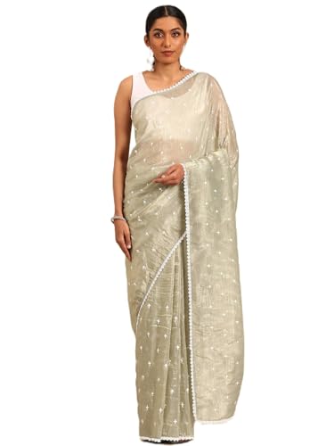 Panzora Women's Green Tissue Gold Crush Embroidery Work Saree With Unstitched Blouse Piece