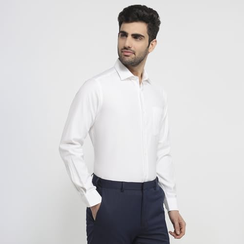 Raymond Men Regular Fit Structure Pattern Pure Cotton Semicutaway Collar Full Sleeve Tail Bottom Hem Formal Shirt White