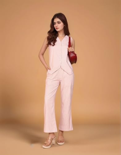Fashfun Women's Solid Waist-Coat Co-ord Set Pink