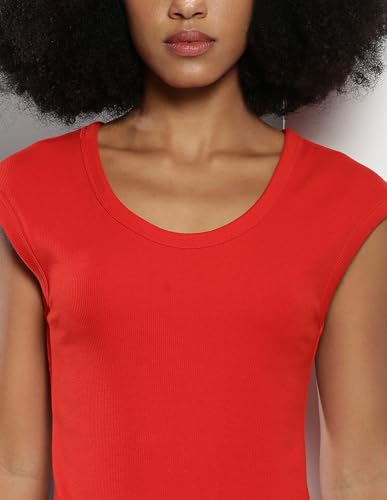 Tommy Hilfiger Cotton Red Solid Round Neck Cap Sleeves Women Slim Rib Dress (S)