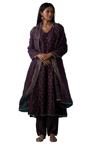 Wishful Women's Purple Embellished Dotted Jacquard Flared Kurta with Pants and Dupatta Set (SP12859-314546-M)
