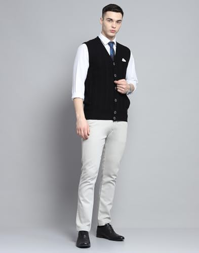 Monte Carlo Mens Self Design Black V Neck Sleeveless Cardigan_1243147SC-901