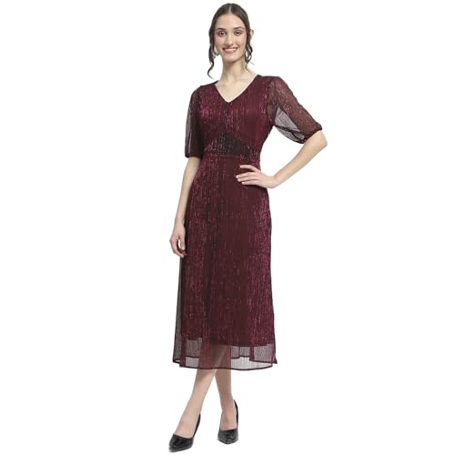 Madame Shimmery Corset Detailed Plum Midi Dress for Women