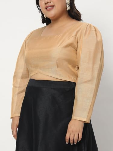 studio rasa Women's Plus Size Cotton Tissue Sheer Sleeves Readymade Saree Blouse for Wedding Festive Party (TPWPC223PS17-3XL_BL_Gold_3XL)