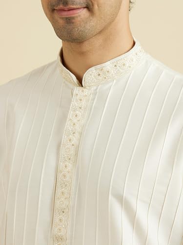 Manyavar Men's Viscose Blend Self Design Kurta Pyjama Set (Warm White,XXL)