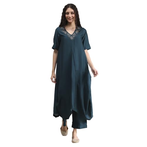 Biba Women's Viscose Blend Kurta Set (STNCL30037AW25TEL_Teal Blue