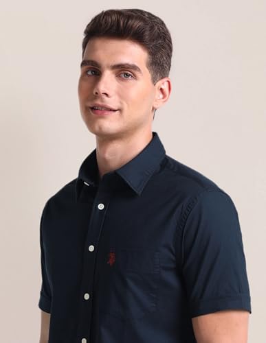 U.S. POLO ASSN. Mens Half Sleeve Oxford Stretch Shirts (USSHTC0046H_Navy_L)
