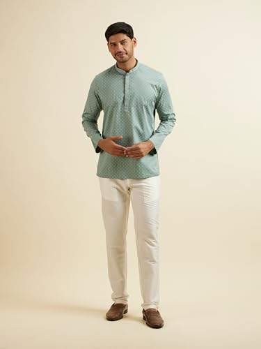 Manyavar Men's Cotton Digital Print|Embroidered Short Kurta (Green,M)