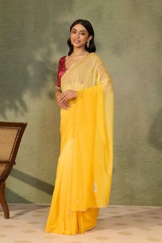 Taneira Yellow Rajasthan Pure Silk Cotton Embroidered SareeWith Unstitched Blouse(SAPP05AD6314-Yellow)