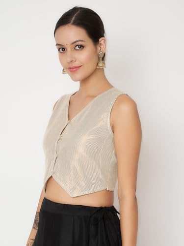 studio rasa Women's Shimmer Stripe Button Down Tops for Wedding Festive Party (TPWC52462M_Gold_Medium)