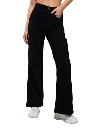 Miss Chase Women's Wide Leg High Rise Patch Pocketed Regular Stretchable Denim Jeans (MCSS24DEN79-02-331-38, Lead Black, 38)